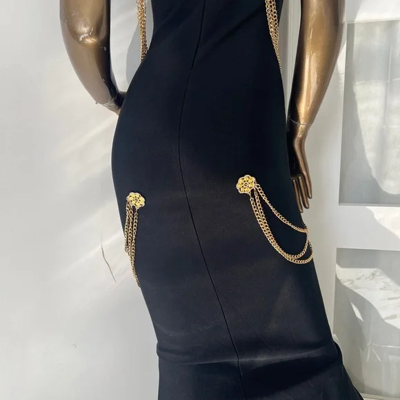 Brand New! Elegant Black Dress with Gold Accents - Picture 8 of 10
